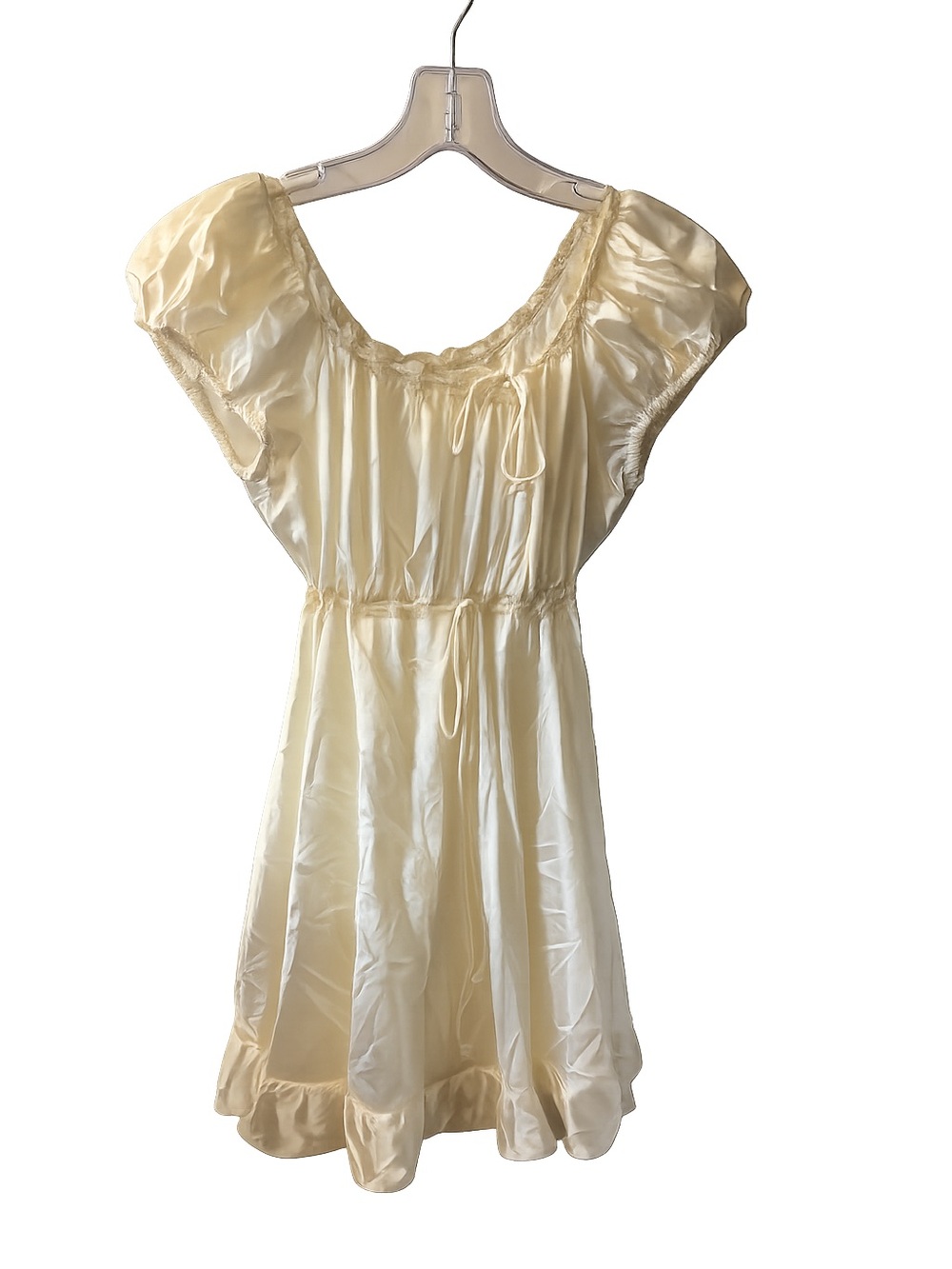 Vintage 50s Girls' Cream Nylon Satin Adjustable Slip Under Dress Ruffle Lace